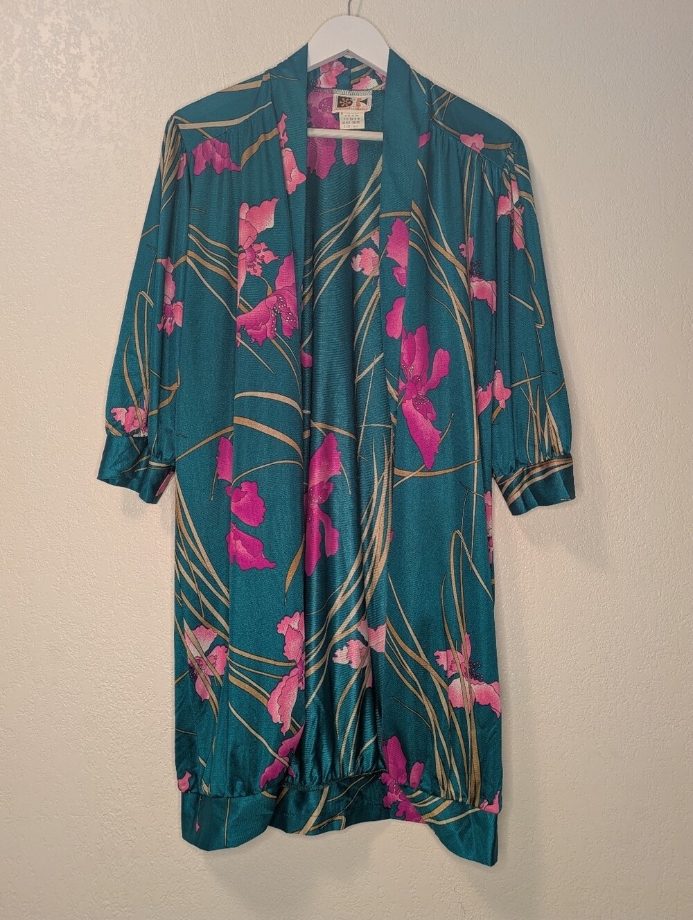 Vintage 70s Kamehameha Hawaiian Open Front Robe Duster Orchid Floral Print M/L